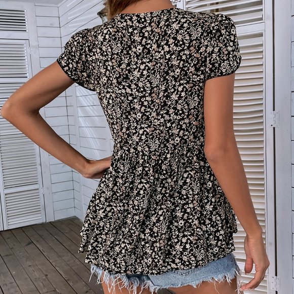 New Ditsy Floral Print Tie Neck Babydoll Blouse Black - Picture 3 of 7